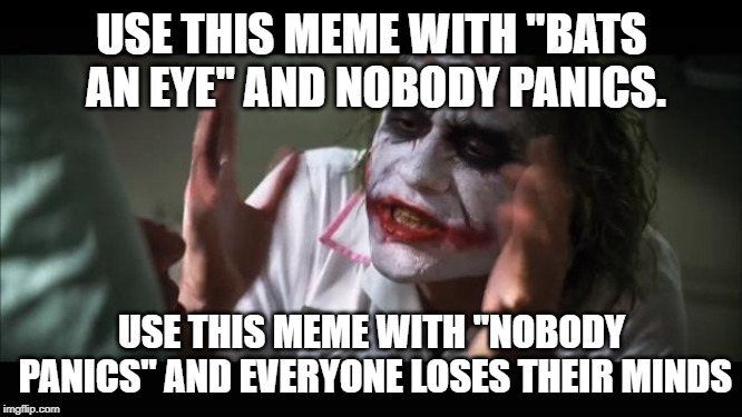 Sick of people getting it wrong | USE THIS MEME WITH "BATS AN EYE" AND NOBODY PANICS. USE THIS MEME WITH "NOBODY PANICS" AND EVERYONE LOSES THEIR MINDS | image tagged in memes,and everybody loses their minds,nobody panics | made w/ Imgflip meme maker