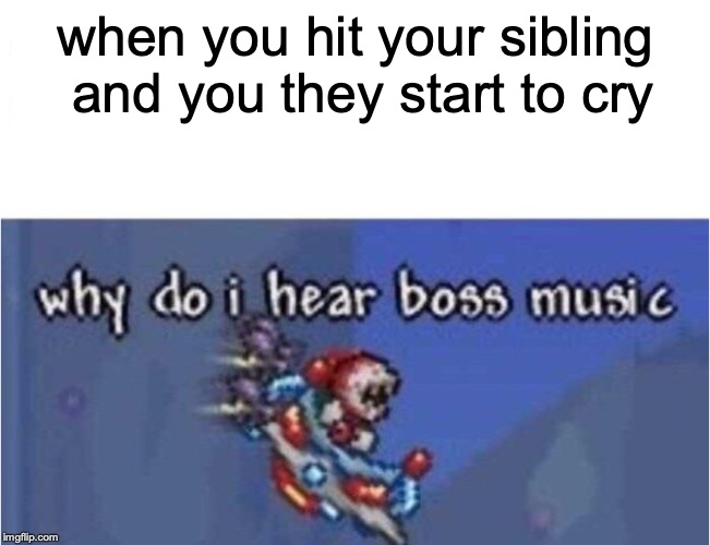 why do i hear boss music | when you hit your sibling and you they start to cry | image tagged in why do i hear boss music | made w/ Imgflip meme maker