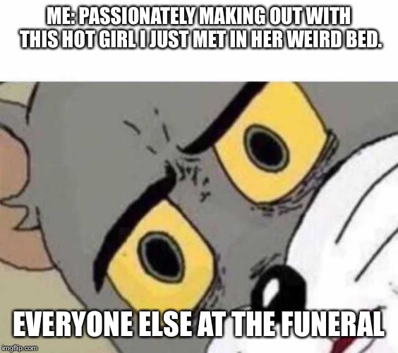 tom cat face | ME: PASSIONATELY MAKING OUT WITH THIS HOT GIRL I JUST MET IN HER WEIRD BED. EVERYONE ELSE AT THE FUNERAL | image tagged in tom cat face | made w/ Imgflip meme maker