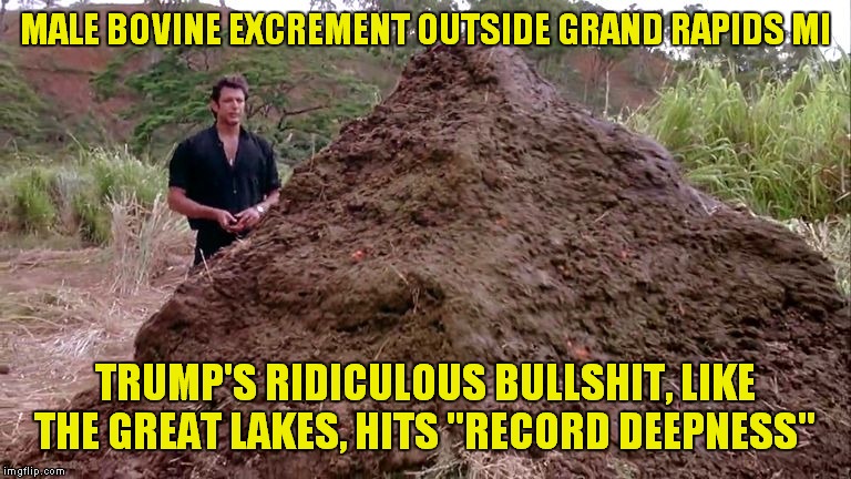 Next Trump May Claim To Have A PHD.. In His Case, It Stands For "Piled Higher & Deeper" | MALE BOVINE EXCREMENT OUTSIDE GRAND RAPIDS MI; TRUMP'S RIDICULOUS BULLSHIT, LIKE THE GREAT LAKES, HITS "RECORD DEEPNESS" | image tagged in big pile of bullshit,donald trump | made w/ Imgflip meme maker