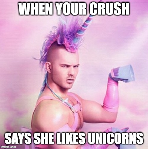 Unicorn MAN | WHEN YOUR CRUSH; SAYS SHE LIKES UNICORNS | image tagged in memes,unicorn man | made w/ Imgflip meme maker
