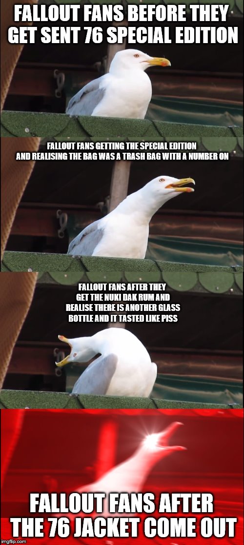 fallout 76 | FALLOUT FANS BEFORE THEY GET SENT 76 SPECIAL EDITION; FALLOUT FANS GETTING THE SPECIAL EDITION AND REALISING THE BAG WAS A TRASH BAG WITH A NUMBER ON; FALLOUT FANS AFTER THEY GET THE NUKI DAK RUM AND REALISE THERE IS ANOTHER GLASS BOTTLE AND IT TASTED LIKE PISS; FALLOUT FANS AFTER THE 76 JACKET COME OUT | image tagged in memes,inhaling seagull | made w/ Imgflip meme maker