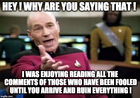 Picard Wtf | HEY ! WHY ARE YOU SAYING THAT ! I WAS ENJOYING READING ALL THE COMMENTS OF THOSE WHO HAVE BEEN FOOLED UNTIL YOU ARRIVE AND RUIN EVERYTHING ! | image tagged in memes,picard wtf | made w/ Imgflip meme maker