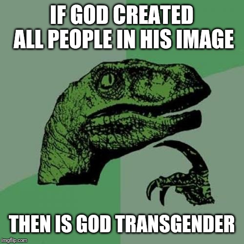 Philosoraptor Meme | IF GOD CREATED ALL PEOPLE IN HIS IMAGE; THEN IS GOD TRANSGENDER | image tagged in memes,philosoraptor | made w/ Imgflip meme maker