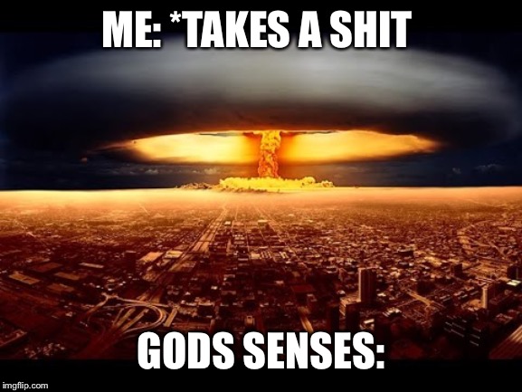 guns nukes | ME: *TAKES A SHIT; GODS SENSES: | image tagged in guns nukes | made w/ Imgflip meme maker