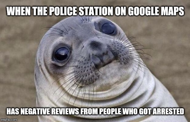Awkward Moment Sealion | WHEN THE POLICE STATION ON GOOGLE MAPS; HAS NEGATIVE REVIEWS FROM PEOPLE WHO GOT ARRESTED | image tagged in memes,awkward moment sealion | made w/ Imgflip meme maker