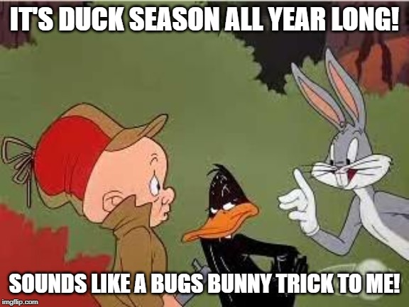 Wabbit season | IT'S DUCK SEASON ALL YEAR LONG! SOUNDS LIKE A BUGS BUNNY TRICK TO ME! | image tagged in wabbit season | made w/ Imgflip meme maker