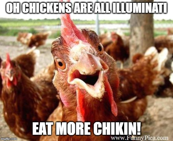 Chicken | OH CHICKENS ARE ALL ILLUMINATI EAT MORE CHIKIN! | image tagged in chicken | made w/ Imgflip meme maker