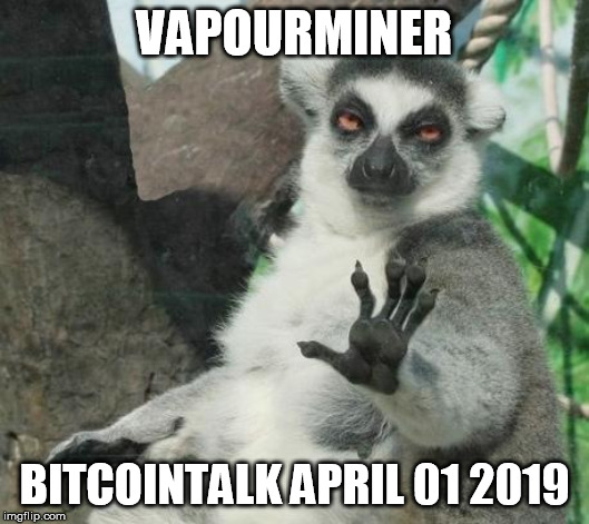 Stoner Lemur Meme | VAPOURMINER; BITCOINTALK APRIL 01 2019 | image tagged in memes,stoner lemur | made w/ Imgflip meme maker