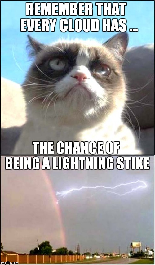 Grumpys' Lightning Dream | REMEMBER THAT  EVERY CLOUD HAS ... THE CHANCE OF BEING A LIGHTNING STIKE | image tagged in cat,grumpy cat | made w/ Imgflip meme maker