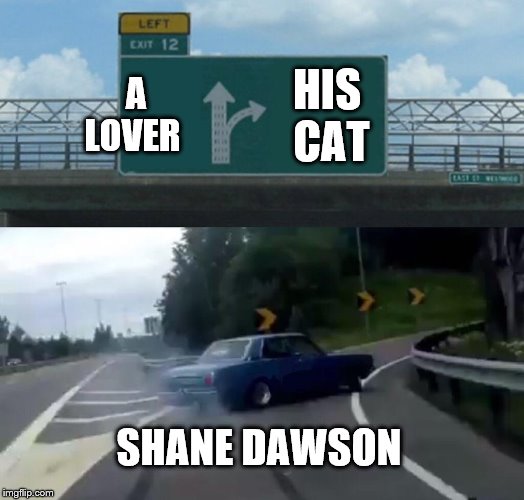 Left Exit 12 Off Ramp | A LOVER; HIS CAT; SHANE DAWSON | image tagged in memes,left exit 12 off ramp | made w/ Imgflip meme maker