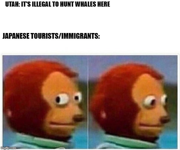 why tho (Ludicrous laws week April 1-7th) | UTAH: IT'S ILLEGAL TO HUNT WHALES HERE; JAPANESE TOURISTS/IMMIGRANTS: | image tagged in monkey puppet,slightly racist,akward,ludicrous laws week | made w/ Imgflip meme maker