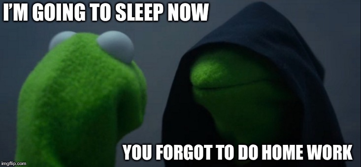Evil Kermit | I’M GOING TO SLEEP NOW; YOU FORGOT TO DO HOME WORK | image tagged in memes,evil kermit | made w/ Imgflip meme maker