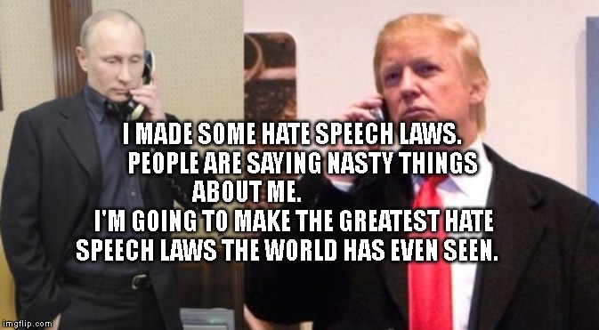 Trump Putin phone call | I MADE SOME HATE SPEECH LAWS.     PEOPLE ARE SAYING NASTY THINGS ABOUT ME.              
       I'M GOING TO MAKE THE GREATEST HATE SPEECH LAWS THE WORLD HAS EVEN SEEN. | image tagged in trump putin phone call | made w/ Imgflip meme maker