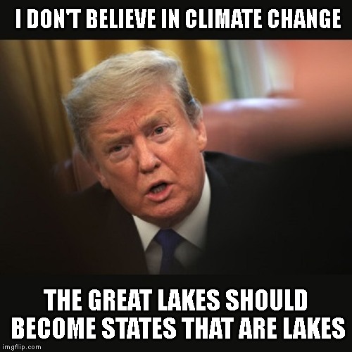 The Stupidest President in the History of the USA | I DON'T BELIEVE IN CLIMATE CHANGE; THE GREAT LAKES SHOULD BECOME STATES THAT ARE LAKES | image tagged in donald trump is an idiot | made w/ Imgflip meme maker