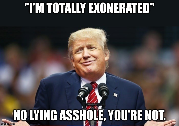 Mueller Report Does Not Exonerate Trump From Obstruction of Justice | "I'M TOTALLY EXONERATED"; NO LYING ASSHOLE, YOU'RE NOT. | image tagged in impeach trump,robert mueller | made w/ Imgflip meme maker