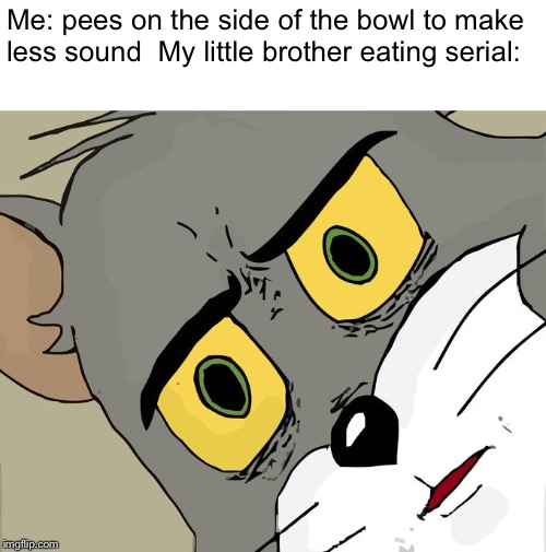 Unsettled Tom Meme | Me: pees on the side of the bowl to make less sound 
My little brother eating serial: | image tagged in memes,unsettled tom | made w/ Imgflip meme maker