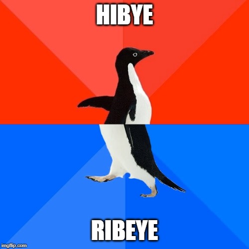 Socially Awesome Awkward Penguin | HIBYE; RIBEYE | image tagged in memes,socially awesome awkward penguin | made w/ Imgflip meme maker
