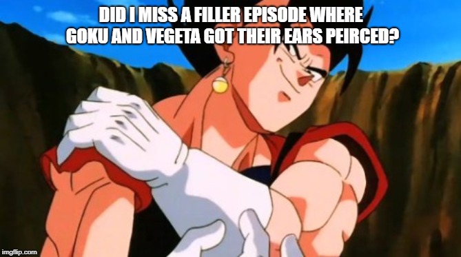 Vegito  | DID I MISS A FILLER EPISODE WHERE GOKU AND VEGETA GOT THEIR EARS PEIRCED? | image tagged in vegito | made w/ Imgflip meme maker