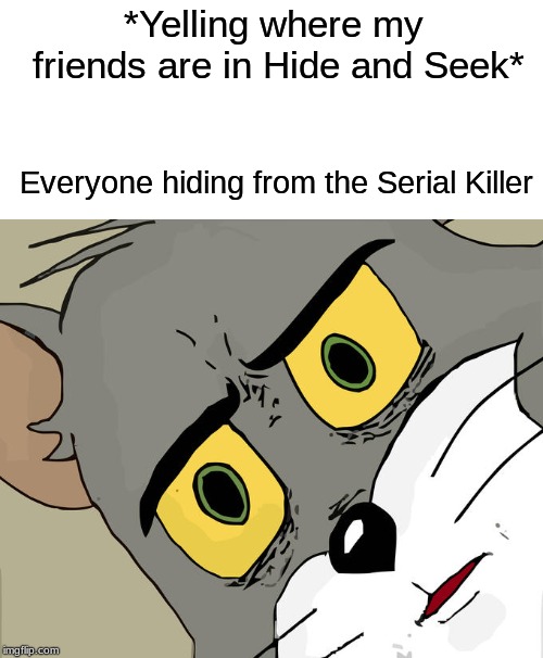 Unsettled Tom Meme | *Yelling where my friends are in Hide and Seek*; Everyone hiding from the Serial Killer | image tagged in memes,unsettled tom | made w/ Imgflip meme maker