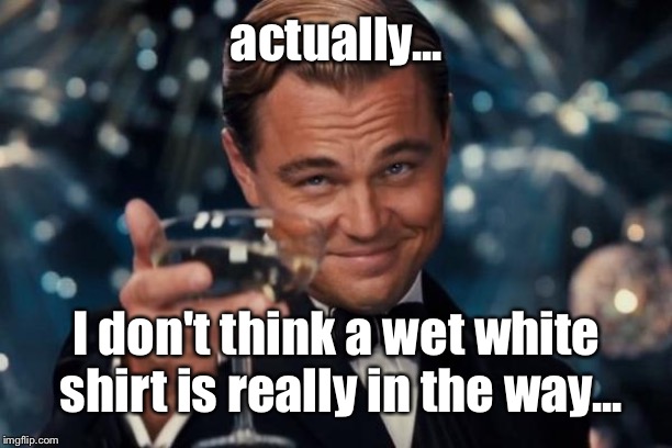 Leonardo Dicaprio Cheers Meme | actually... I don't think a wet white shirt is really in the way... | image tagged in memes,leonardo dicaprio cheers | made w/ Imgflip meme maker