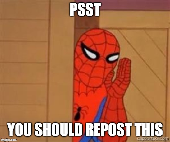 psst spiderman | PSST YOU SHOULD REPOST THIS | image tagged in psst spiderman | made w/ Imgflip meme maker