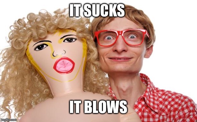 Blow Up Doll Dork | IT SUCKS IT BLOWS | image tagged in blow up doll dork | made w/ Imgflip meme maker
