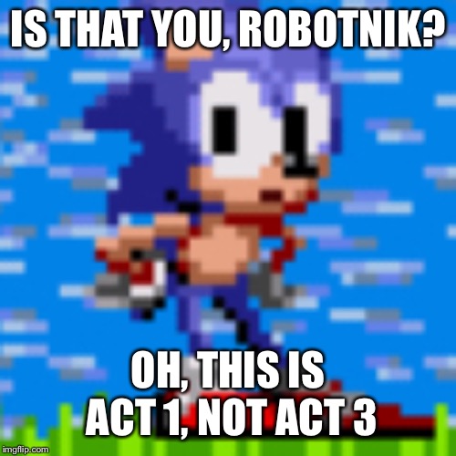 IS THAT YOU, ROBOTNIK? OH, THIS IS ACT 1, NOT ACT 3 | image tagged in sonic suprised | made w/ Imgflip meme maker