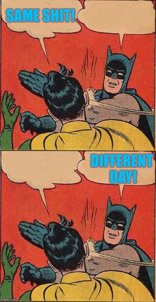 SAME SHIT! DIFFERENT DAY! | image tagged in memes,batman slapping robin | made w/ Imgflip meme maker