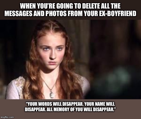 Sansa Stark | WHEN YOU’RE GOING TO DELETE ALL THE MESSAGES AND PHOTOS FROM YOUR EX-BOYFRIEND; “YOUR WORDS WILL DISAPPEAR. YOUR NAME WILL DISAPPEAR. ALL MEMORY OF YOU WILL DISAPPEAR.” | image tagged in sansa stark | made w/ Imgflip meme maker