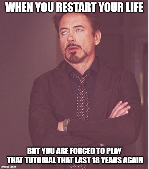 Face You Make Robert Downey Jr Meme | WHEN YOU RESTART YOUR LIFE BUT YOU ARE FORCED TO PLAY THAT TUTORIAL THAT LAST 18 YEARS AGAIN | image tagged in memes,face you make robert downey jr | made w/ Imgflip meme maker