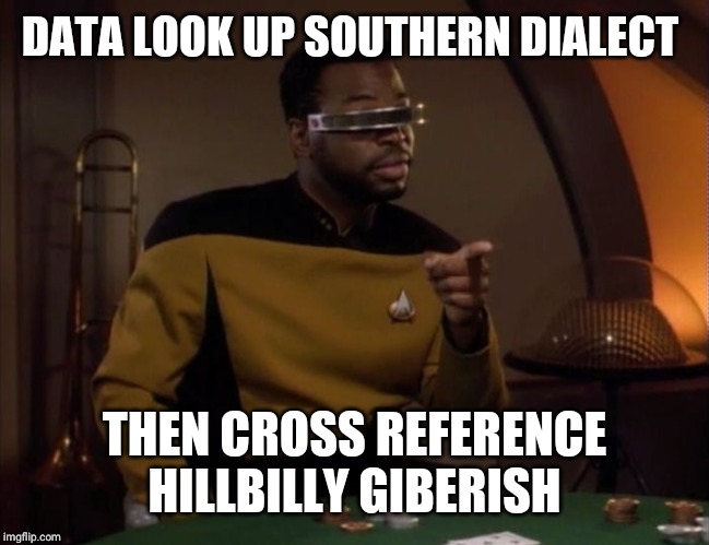 Geordi LaForge (Star Trek) | DATA LOOK UP SOUTHERN DIALECT THEN CROSS REFERENCE HILLBILLY GIBERISH | image tagged in geordi laforge star trek | made w/ Imgflip meme maker