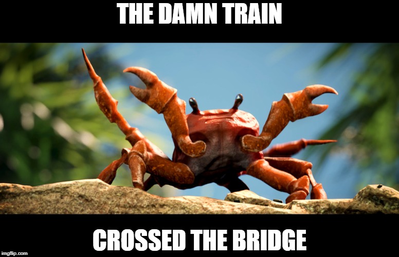 Crab rave, crab | THE DAMN TRAIN; CROSSED THE BRIDGE | image tagged in crab rave crab | made w/ Imgflip meme maker
