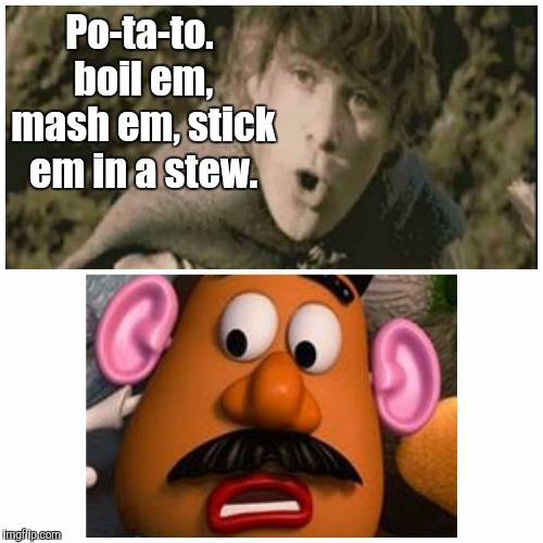 Run Mr. Potato Head! | Po-ta-to. boil em, mash em, stick em in a stew. | image tagged in memes,lotr,toy story | made w/ Imgflip meme maker