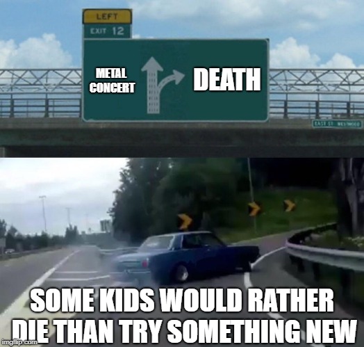 Left Exit 12 Off Ramp | METAL CONCERT; DEATH; SOME KIDS WOULD RATHER DIE THAN TRY SOMETHING NEW | image tagged in memes,left exit 12 off ramp | made w/ Imgflip meme maker