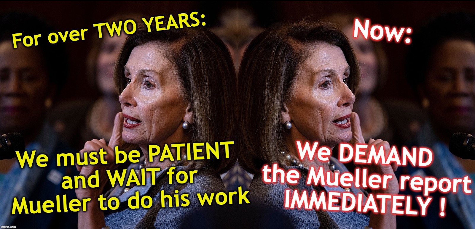 oh, how they conveniently 're-define' things | For over TWO YEARS:; Now:; We DEMAND the Mueller report IMMEDIATELY ! We must be PATIENT and WAIT for Mueller to do his work | image tagged in democrats,nancy pelosi,hypocrisy | made w/ Imgflip meme maker