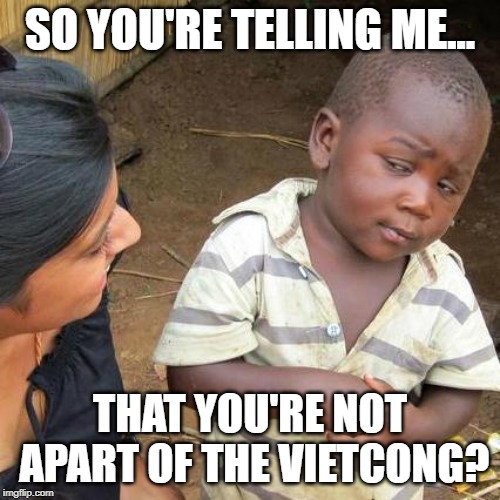 Third World Skeptical Kid Meme | SO YOU'RE TELLING ME... THAT YOU'RE NOT APART OF THE VIETCONG? | image tagged in memes,third world skeptical kid | made w/ Imgflip meme maker