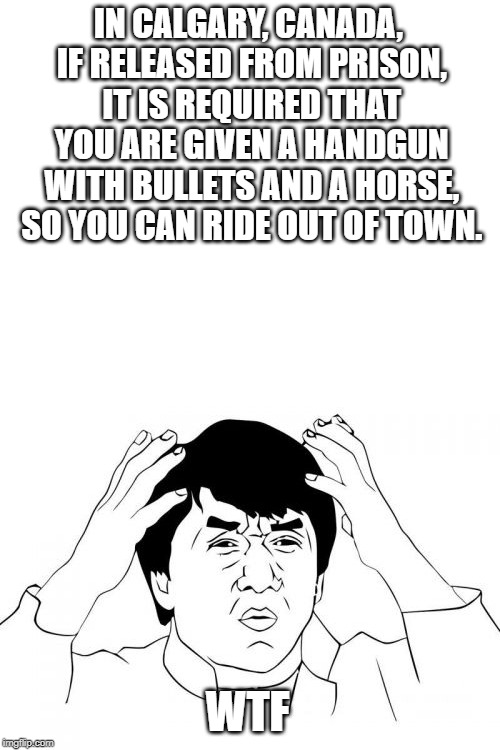 Jackie Chan WTF Meme | IN CALGARY, CANADA, IF RELEASED FROM PRISON, IT IS REQUIRED THAT YOU ARE GIVEN A HANDGUN WITH BULLETS AND A HORSE, SO YOU CAN RIDE OUT OF TO | image tagged in memes,jackie chan wtf | made w/ Imgflip meme maker