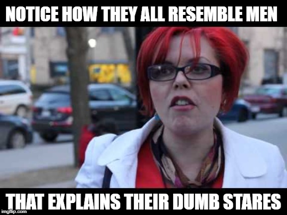 NOTICE HOW THEY ALL RESEMBLE MEN THAT EXPLAINS THEIR DUMB STARES | image tagged in smiling feminist | made w/ Imgflip meme maker