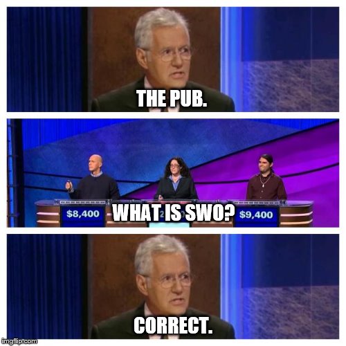 Jeopardy | THE PUB. WHAT IS SWO? CORRECT. | image tagged in jeopardy | made w/ Imgflip meme maker