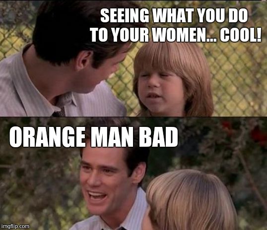 That's Just Something X Say Meme | SEEING WHAT YOU DO TO YOUR WOMEN... COOL! ORANGE MAN BAD | image tagged in memes,thats just something x say | made w/ Imgflip meme maker