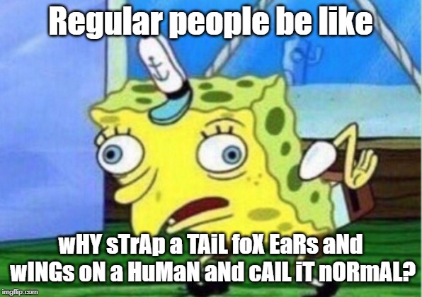 Remember kids, what furry makes sense? | Regular people be like; wHY sTrAp a TAiL foX EaRs aNd wINGs oN a HuMaN aNd cAlL iT nORmAL? | image tagged in memes,mocking spongebob,furries | made w/ Imgflip meme maker
