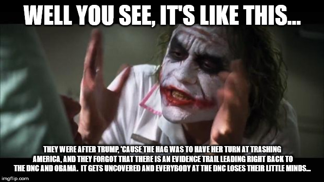 And everybody loses their minds | WELL YOU SEE, IT'S LIKE THIS... THEY WERE AFTER TRUMP, 'CAUSE THE HAG WAS TO HAVE HER TURN AT TRASHING AMERICA, AND THEY FORGOT THAT THERE IS AN EVIDENCE TRAIL LEADING RIGHT BACK TO THE DNC AND OBAMA.  IT GETS UNCOVERED AND EVERYBODY AT THE DNC LOSES THEIR LITTLE MINDS... | image tagged in memes,and everybody loses their minds | made w/ Imgflip meme maker