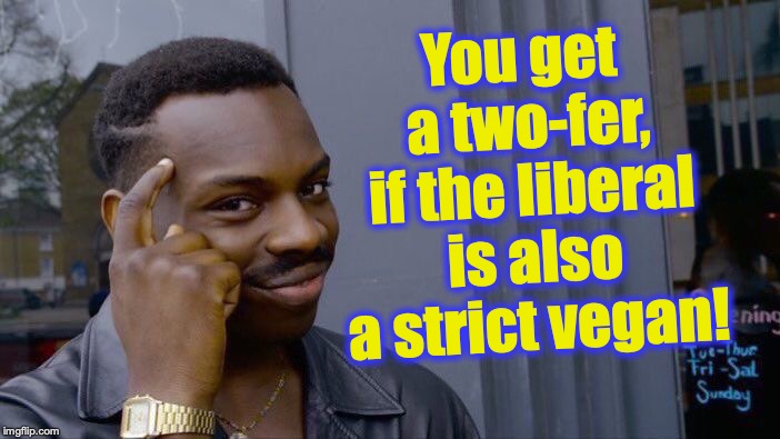 Roll Safe Think About It Meme | You get a two-fer, if the liberal is also a strict vegan! | image tagged in memes,roll safe think about it | made w/ Imgflip meme maker