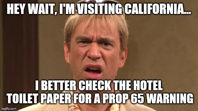 Prop 65 | HEY WAIT, I'M VISITING CALIFORNIA... I BETTER CHECK THE HOTEL TOILET PAPER FOR A PROP 65 WARNING | image tagged in the californians | made w/ Imgflip meme maker