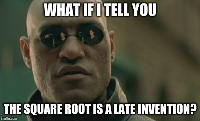 Matrix Morpheus Meme | WHAT IF I TELL YOU THE SQUARE ROOT IS A LATE INVENTION? | image tagged in memes,matrix morpheus | made w/ Imgflip meme maker