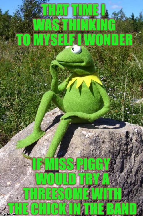 Kermit-thinking | THAT TIME I WAS THINKING TO MYSELF I WONDER; IF MISS PIGGY WOULD TRY A THREESOME WITH THE CHICK IN THE BAND | image tagged in kermit-thinking | made w/ Imgflip meme maker
