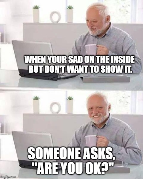 Hide the Pain Harold | WHEN YOUR SAD ON THE INSIDE BUT DON'T WANT TO SHOW IT. SOMEONE ASKS, "ARE YOU OK?" | image tagged in memes,hide the pain harold | made w/ Imgflip meme maker