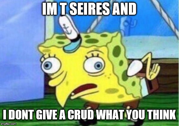 t series SUCKS | IM T SEIRES AND; I DONT GIVE A CRUD WHAT YOU THINK | image tagged in memes,mocking spongebob | made w/ Imgflip meme maker