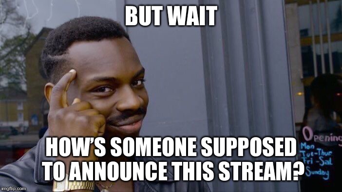 I want to to that! | BUT WAIT; HOW’S SOMEONE SUPPOSED TO ANNOUNCE THIS STREAM? | image tagged in memes,roll safe think about it | made w/ Imgflip meme maker